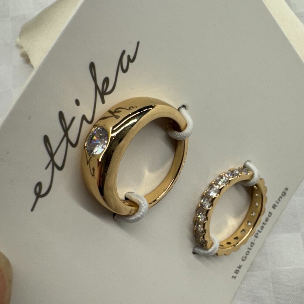 Ettika Crystal 18K Gold Plated Ring Set of 2 Solitaire and Eternity Bands